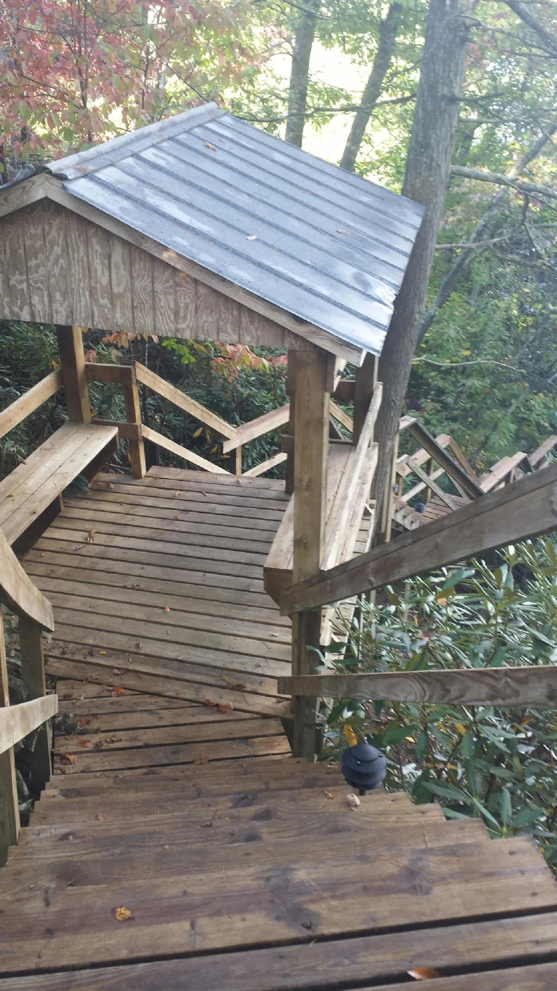 Metal roofed shelter over wooden steps on a wooded walkway — Skylight Repair & Installation work by our crew in Ft Mitchell
